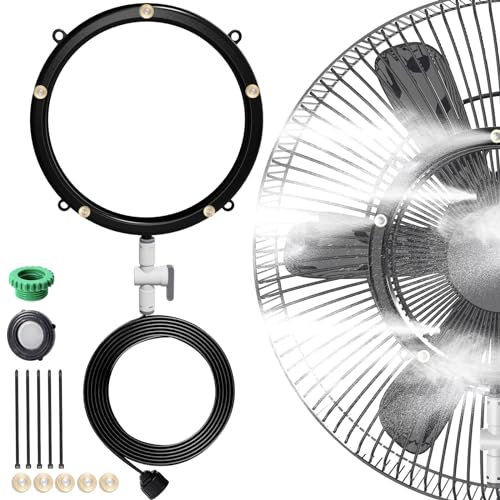 Wisdomgarden Fan Misters for Outside Patio, Outdoor Fan Mister Kit 19.69FT Water Supply Line+Round Spray Device with five nozzles + 3/4 and 1/2 Adapter, Fan Accessories for Cool Courtyards
