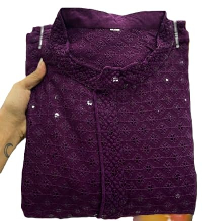Estationeryhouse Kurta pyjamas i bomull med rak passform för män (gul) tungt broderiarbete fram och bak (levereras med vit pyjamas), VIOLETT, L