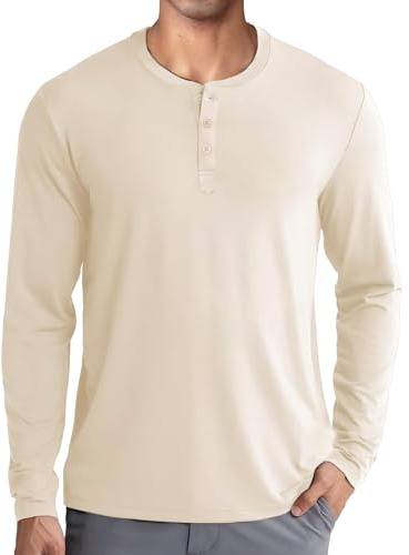 COOFANDY Mens Henley T Shirts Long Sleeve Buttonn T-Shirts Grandad Shirts Smart Casual Shirts Thermal T Shirts Plain Lightweight Tops Cream Color M
