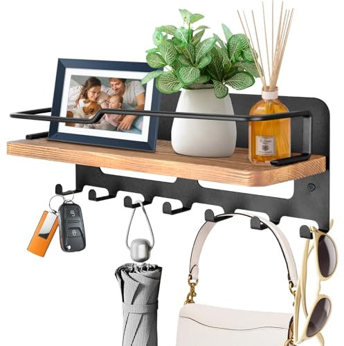 JiangLin Wooden Key Holder for Wall, Decorative Key Hooks, Wall Key Rack with 7 Key Hook, Key Holder with Shelf Organiser for Entrance, Hallway, Bedroom, Living Room (Black)