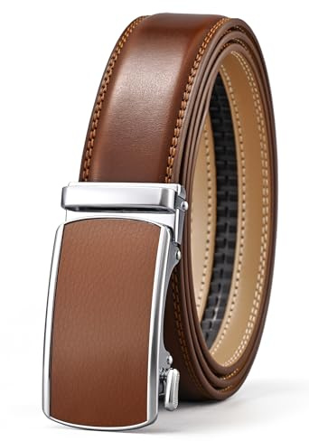 KUULIMEE Ceinture Homme,Ceinture Cliquet en Cuir avec Boucle Automatique,Largeur 35mm,Taille Ajustable-3006-COGNAC BROWN-125cm