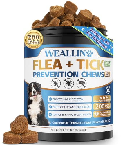 Natural Dog Flea Chews, 200 Soft Chews for Dogs Flea and Tick Support, Daily Dog Flea Support Chewables Supplement for Dogs and Puppy of All Breeds, Chicken Flavor.