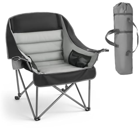 VEVOR Oversized Camping Chairs, 450 lbs Heavy Duty Support, Portable Padded Folding Camp Chairs with Dual Cup Holders & Wine Glass Holders, Carry Bag for Outdoor, Fishing, Black & Gray, 1 Pack