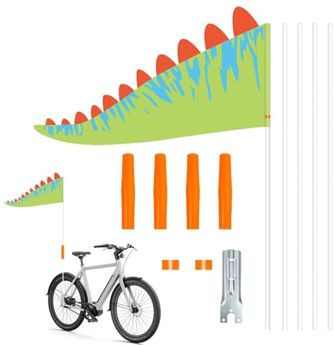 RNPKZ 150 cm cykelvimpel, cykelflaggor, barncykel säkerhetsvimpel, dinosaurie reflekterande cykelflagga, justerbar höjd, som iögonfallande säkerhetstillbehör och dekorationstillbehör för barn