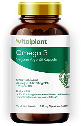 Vitalplant® Omega 3 Vegan | 250mg DHA + 150mg EPA pro Kapsel | 90 Kapseln hochdosierte Omega 3 Fettsäuren aus Algenöl | + Vitamin D3 | Pflanzliche Alternative zu Fischöl Kapseln