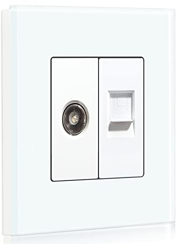 BSEED 1/2 TV Aerial Coaxial and RJ45 Cat5e Ethernet Wall Socket Crystal Panel Screwless Outlets White