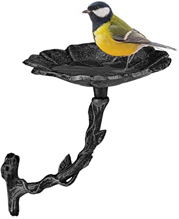 Relaxdays Vogeltränke aus Gusseisen, wetterfest, Wassertränke für Wildvögel, Futterschale, Wandmontage, schwarz-Silber
