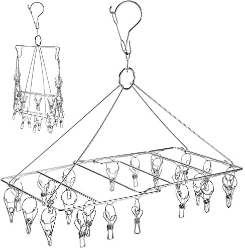 WudTus Folding Sock Drying Hanger 24 Clips Stainless Steel Space-saving Dryer Rack Washline with Peg for Sock, Underwear, Baby Clothes and Hang Small laundry Items