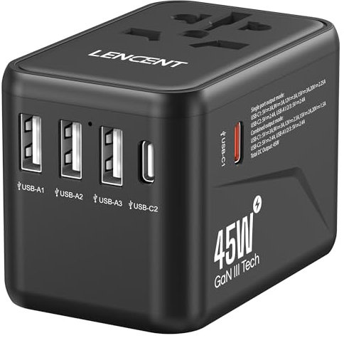 LENCENT Universal Reiseadapter, GaN III 45W Internationales Ladegerät mit 3 USB & 2 USB-C PD Schnellladung Anschlüssen, Weltweiter Ladeadapter für Typ A/C/G/I, USA/UK/EU/AUS Steckdosen, Schwarz
