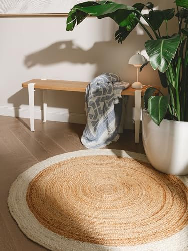 benuta Pure Jute Teppich Jutta - Natur Rund 115 cm - Handgewebter Wohnzimmerteppich - Natürliches Boho Design - Für Fußbodenheizung geeignet