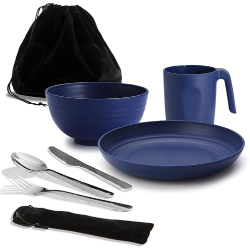 Utensilios de Campamento, Kit de desorden de Campamento ReaNea para Viajes, picnics, al Aire Libre, el Equipo Incluye Cuchillo, Cuchara, Tenedor, Juego de Cubiertos, Taza, tazón, Plato