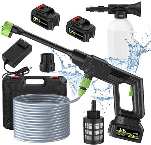 ohfruit Cordless Power Washer 6-in-1 Adjustable Nozzles Portable Pressure Washer with 2 Rechargeable Batteries 21V Pressure Cleaner with Foam Jug for Patio Cleaning and Car Washing Black