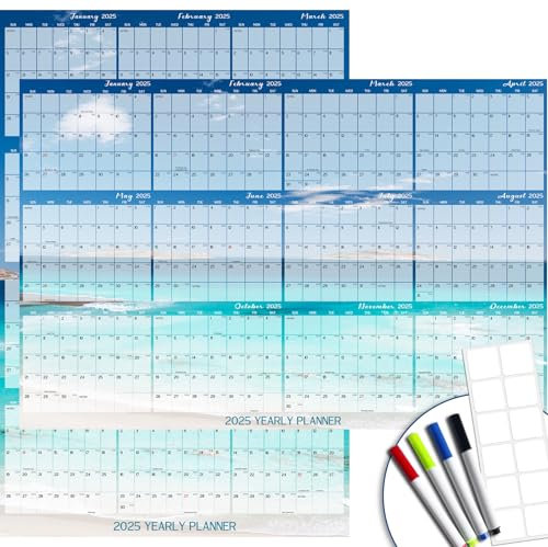 32 x 48 2026 Wall Calendar Dry Erase - Large Rolled Beach Wall Calendar Wet & Dry Erasable Laminated 12 Month Annual Yearly Planner, Reversible, Horizontal/Vertical, Blue
