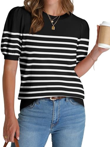 Womens Short Sleeve Tops 2026 Lightweight Sweater Puff Sleeve Spring Summer Outfits Cute Crewneck Womens Tops Dressy Casual Blouses Women Clothes Black White Striped Shirts L