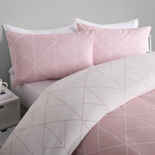 OHS Single Bedding Set Geometric Print, Ultrasoft Warm Geo Modern Minimalist Style Reversible Quilt Duvet Cover Set with Pillowcase Luxury, Blush - Single Duvet
