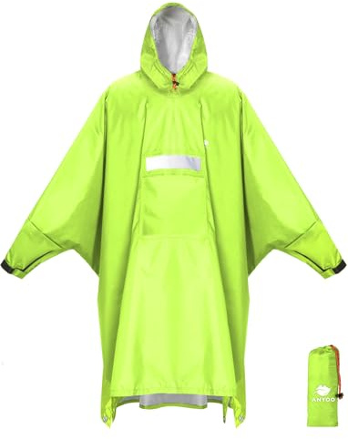 ANYOO Poncho Antipioggia Impermeabile con Maniche e Tasca, Leggero Mantella Antipioggia per Adulti con Cappuccio per Attività all'aperto, Campeggio, Escursionismo, Pesca, Verde Giallo, Taglia Unica