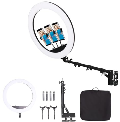 FEIFANTEAM 25inch Ring Light Wall Mount with Phone Holder, Adjustable Triangle Boom Arm Overhead Light Stand for Photography Lighting Studio, Live Streaming, Salon, Beauty Tattoo Light, Barber Light