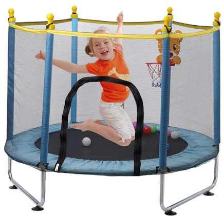 Trampolino Elastico per Bambini 140cm, Tappeto Interno Elastico da Esterno con Rete di Sicurezza e Cestino da Basket, Giochi da Giardino per Bambini 2 3 Anni (Blu)
