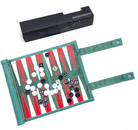 Travel Backgammon Set, Portable 18.5inch Leather Backgammon Sets, Roll-Up Travel Backgammon Game, Tactical Board Game Ideas (Green)