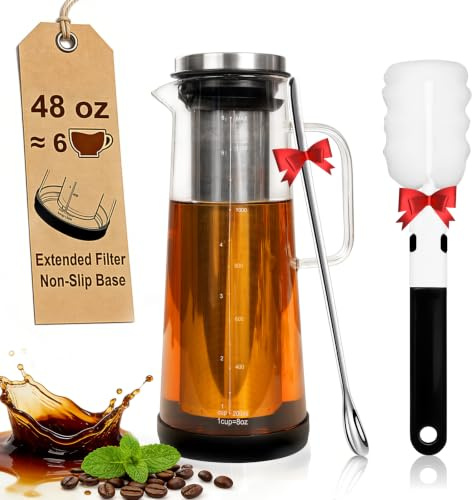 carrottimes Cold Brew - Macchina da Caffè 1,4 L/48 Oz con Manico, Filtro in Acciaio Inox Allungato per Estrazione Profonda, Brocca per Tè Freddo con Base Antiscivolo, Con Spazzola per la Pulizia e