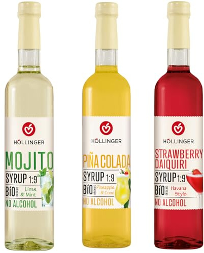 HÖLLINGER Sirop Classic Cocktail Bio sans Alcool, 3 Saveurs (Mojito, Piña Colada, Strawberry Daiquiri), 3x500ml, Concentré 1:9