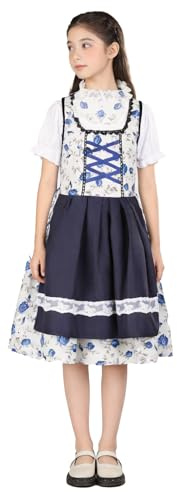 Girls’ Dirndl Costume Dress: Faux two-piece design with decorative printed chest straps and blue floral print. (3-4Y)