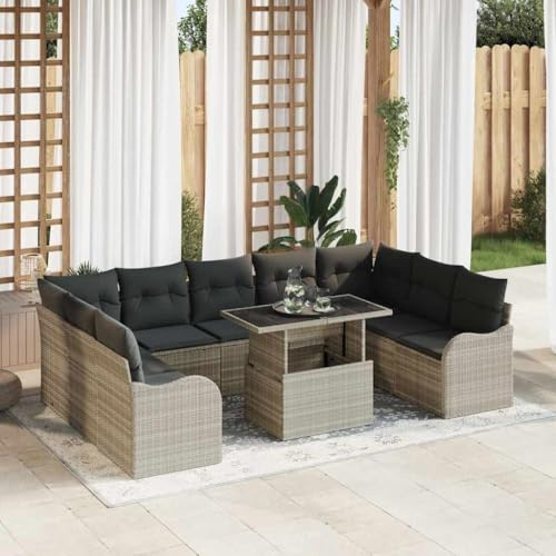 HGKMBRY Ensemble de canapé de jardin avec coussins 10 pièces gris clair en polyrotin - Groupe de sièges d'extérieur modulaire - Banc d'angle - Salon