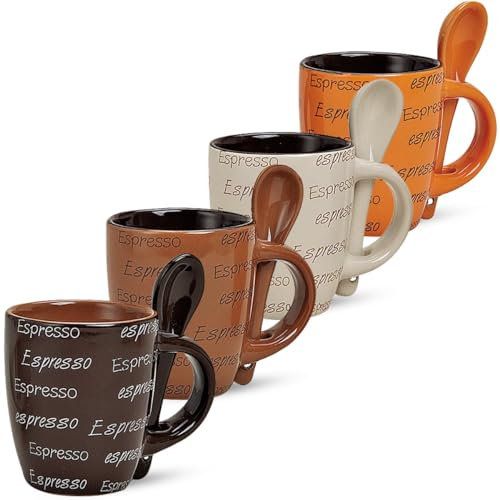Juego de 4 tazas de café con texto en marrón, beige y crema, tazas de café de cerámica excepcionales en 50 ml con cuchara, bonitas tazas moca, aptas para lavavajillas y microondas como regalo
