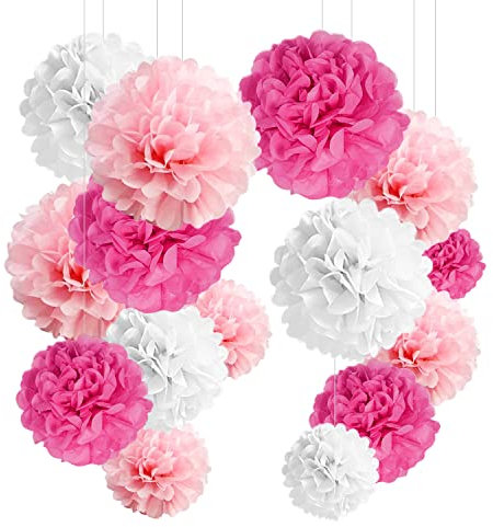 YBwanli 24er Pompons Deko Rosa, Hochzeitsdeko, Einschulung Deko,Seidenpapier Pompoms,Taufe Konfirmation Deko, Kommunion Dekoration für Geburtstag, Hochzeit,Valentinstag(Hellrosa, Rosa, Weiß)