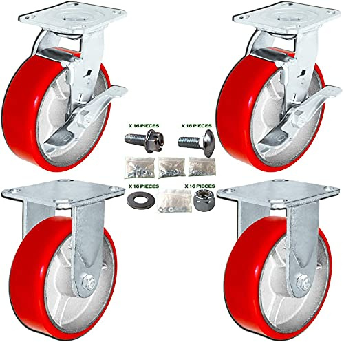 CasterHQ 6 X 2 Swivel Caster Heavy Duty Red Polyurethane Wheel on Steel Hub with Brakes (2) and Fixed (2) 4,800lbs Per Set of 4 Tool Box Casters - Mounting Hardware Included