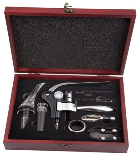 WBSEos, Set per l'apertura di bottiglie di vino, kit di accessori con cavatappi e apribottiglie, con custodia regalo in legno