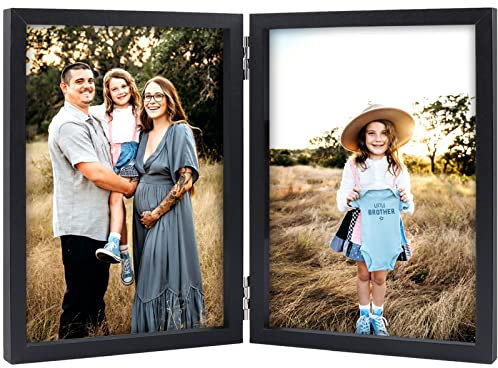 Double Photo Frame 4x6 Hinged Folding Wood Picture Frame with Glass Front Stand Vertical on Desktop Black