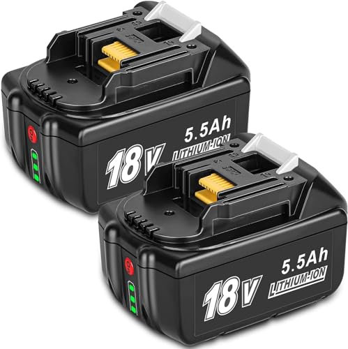 KUNLUN 2 Stück 5,5Ah Ersatzakku für Makita 18V Akku BL1850 BL1850B BL1830 Li-ion Akkus Kompatibel mit BL1860B BL1840 BL1815 BL1855 BL1835 BL1820B 194205-3 LXT-400 Werkzeugakku mit LED