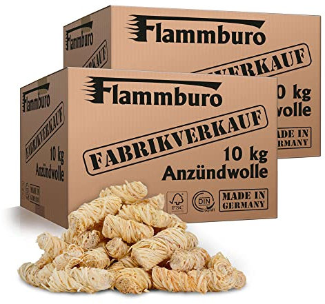 FLAMMBURO (10 + 10 kg) – Ca. 1600 pezzi lana accendifuoco ecologica per caminetti, stufe, camino, barbecue – Sicuro rapida accendiboschi, Accendino, lana per stufe, lana di legno, accendifuoco