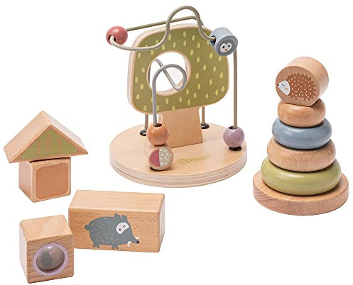 howa Motorikspielzeug Motorikschleife Stapelturm Stapelspielzeug Holzbausteine Little Woods aus Holz Babyspielzeug ab 1 Jahr 6028
