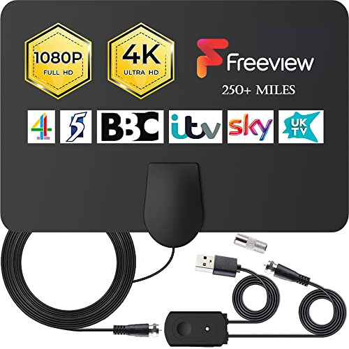 TCFTT Digital TV Aerial - 250+ Miles Long Range Amplified HD TV Antenna for Freeview 4K 1080P Local Channels with Booster & 13 ft Coax Cable