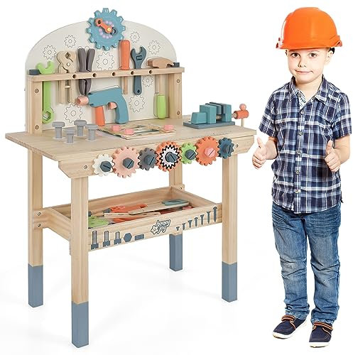 Maxmass Kids Workbench, Pretend Play Tool Bench Set with 8 Tools & 53 Accessories, Storage Shelf and Magnetic Rack, Wooden Construction Toy for Boys Girls 3+ Years Old
