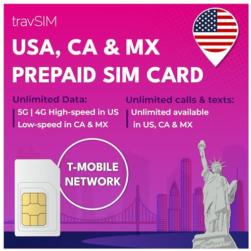 Carte SIM travSIM États-Unis, Canada, Mexique | Données illimitées aux États-Unis, 5 Go au Canada et au Mexique | Appels et SMS illimités aux États-Unis et au Mexique | Valable 10 Jours