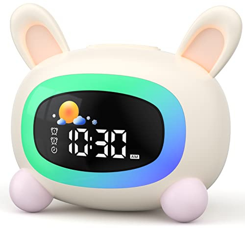 LIORQUE Sveglia per bambini, Sveglia da Comodino con Luce Notturna, Macchina Rumore Bianco, Doppia Allarme, Modalità Weekend, Sveglia Ricaricabile per Allenamento del Sonno Per i Bambini (Coniglio)