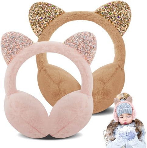 Forreen Ohrenwärmer Mädchen, 2 Stück Ohrwärmer Winter Warme Süße Katzenohren Design Gemütlich Verstellbar Ohrenschützer Weichem Plüsch Ohrwärmer für Kaltes Wetter im Freien