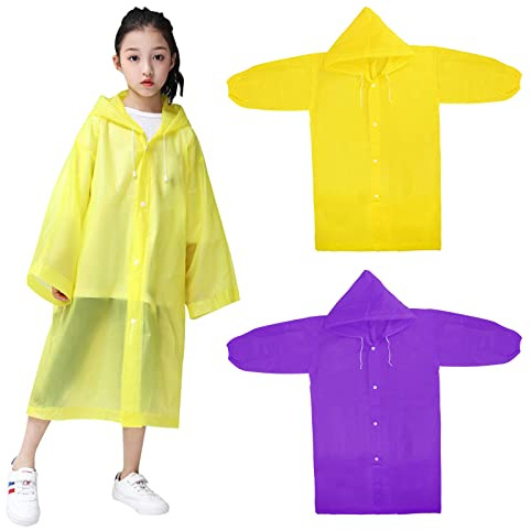 Suchoow Regenmäntel für Kinder, Regenmantel, Kinder-Regenmantel, Reise-Regenponcho, wiederverwendbar, Kunststoff, Regenponcho für Mädchen, Regenjacke, wasserdichter Regenmantel, Gelb und Violett, 110