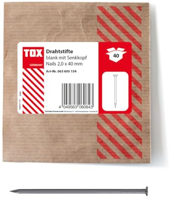 TOX Clavos de alambre 2,0x40 mm con cabeza avellanada para conexiones de madera simples y superficies planas, acero desnudo, 40 unidades en un empaque de papel reciclable, 063600154