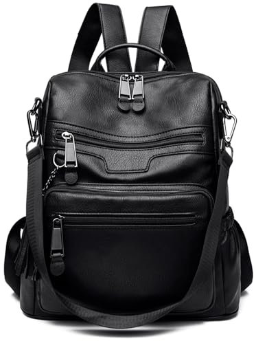 Monitika Damen Rucksack Wasserdicht PU Leder Schultertaschen Modische Lässig Rucksäcke Schwarz