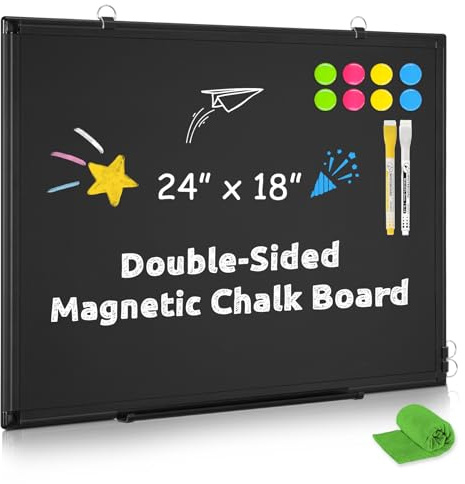 Magnetic Chalk Board, 24“x18” Black Chalkboard Double-Sided Dry Erase Board Magnetic Blackboard for Wall, Black Framed Small Chalk Board Home, School, Office, Kitchen