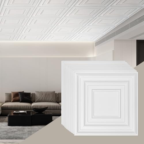 VEVOR Deckenpaneele, 12er-Set 605 x 605 mm, Deckenplatten aus hochwertigem PVC, Kunststoff-Deckenfliesen zum Aufkleben, Wandpaneele, Deckenverkleidung als Dekoration für Zuhause/Büro, Weiß