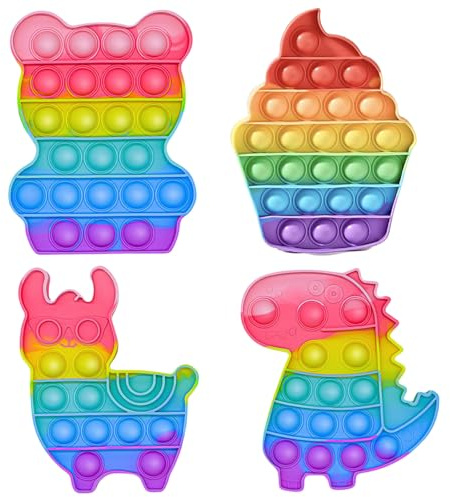 4Pcs Rainbow Push Fun Fidget Toys, Sensory Pop Up Poppet Fidget Toy, Dinosaur, Bear, Alpaca, Ice Cream Fidget Popper for Autism & Special Needs Stress Reliever