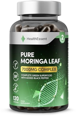Moringa Capsules 7000mg Complex, High Strength Complete Green Superfood with Added Black Pepper, Moringa Leaf Extract and Powder for High Absorption - 120 Capsules by HealthEssent