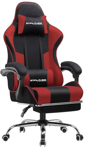 GTPLAYER Fabric Gaming Chair, Massage Ergonomic Computer Chair with Footrest, Lumbar Support, Headrest, Height Adjustable Home Office Reclining PC Racing Chairs, Red