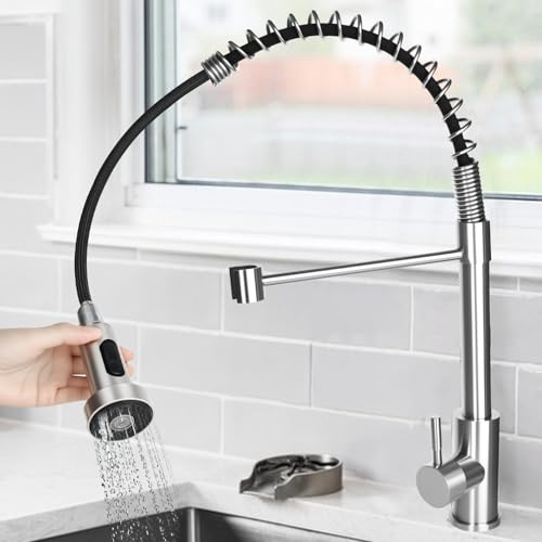 RUCUDIM Grifo de cocina de acero inoxidable extraíble, baja presión, grifo de cocina retráctil, muelle en espiral, grifo mezclador de arco alto, grifo mezclador de cocina, giratorio 360°, 2 funciones