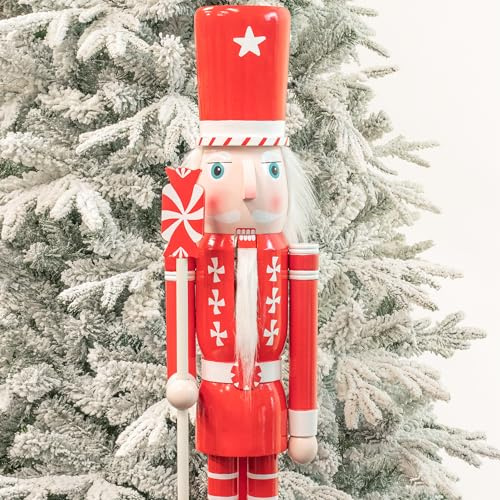 Art Beauty 4ft Red and White Wooden Christmas Nutcracker Soldier Figurine Life Size Collectible Nutcracker Decorations for Christmas Decorations